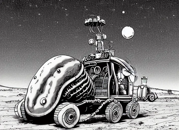 Image similar to a cell shaded cartoon of a lovecraftian mechanized snail from howl's moving castle ( 2 0 0 4 ), on a desert road, in front of a pale full moon, full body, wide shot, very dull muted colors, studio ghibli, laurie greasley, highly detailed, deviantart, art by artgem