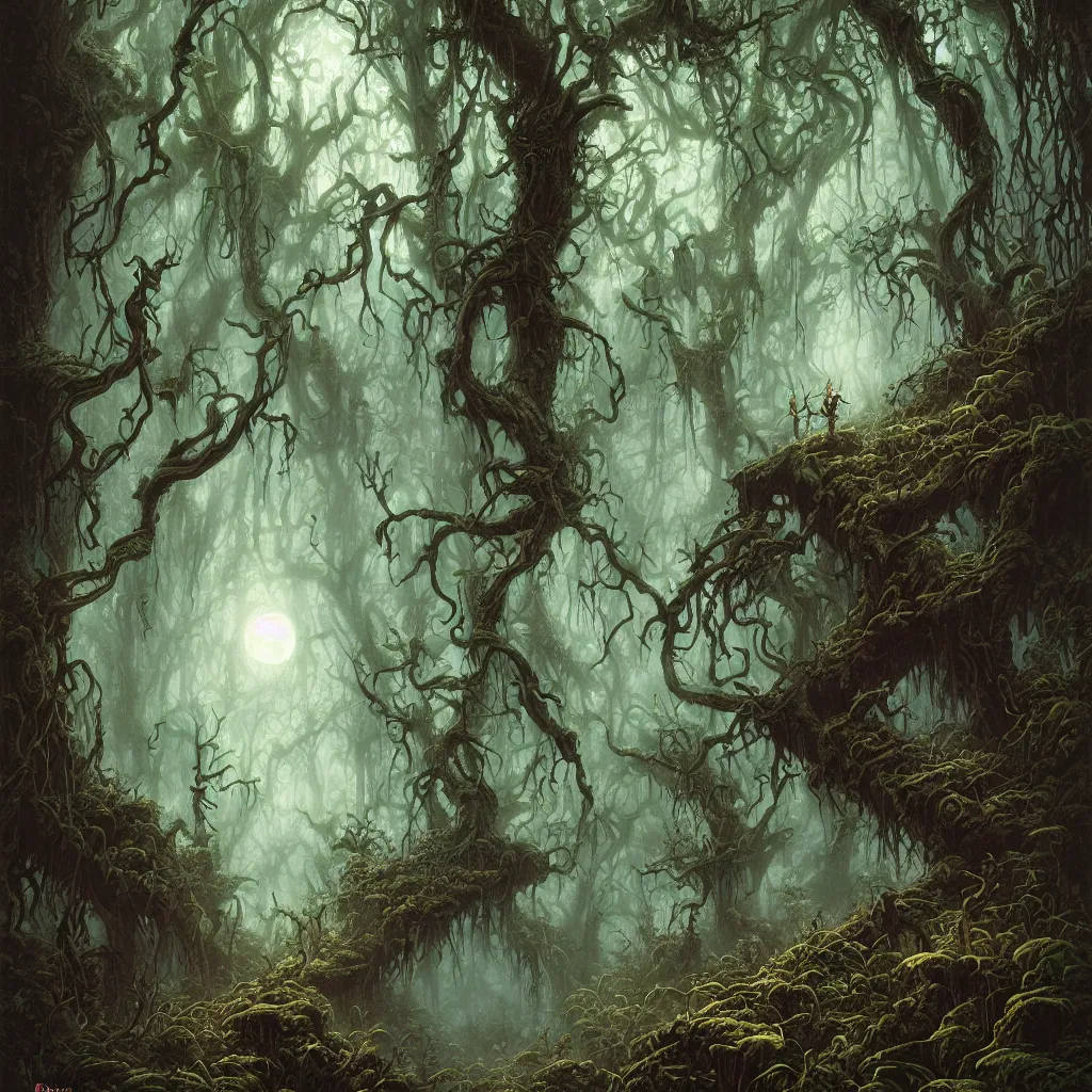 Image similar to a dark lush haunted forest at night, upward cinematic angle, J.R.R. Tolkien, by Rodney Matthews, P. Craig Russell and Andreas Rocha, dim moonlight, beautiful composition, intricate, elegant, digital art, detailed, mixed media painting, hyperrealistic, sharp focus, 8k