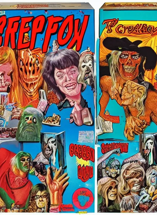 Prompt: a box of creepshow ( 1 9 8 2 ) cereal, 1 9 8 0's, highly detailed