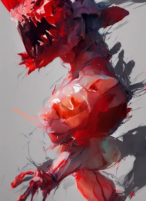 Image similar to semi reallistic gouache gesture painting, by yoshitaka amano, by ruan jia, by Conrad roset, by dofus online artists, detailed anime 3d render watermelon monster, watermelon terrible monster, antrophomorfic watermelon, portrait, cgsociety, artstation, rococo mechanical, Digital reality, sf5 ink style, dieselpunk atmosphere, gesture drawn