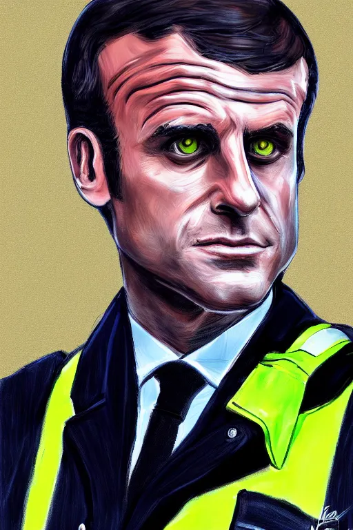 Prompt: emmanuel macron security guard hivis, highly detailed, digital art, sharp focus, trending on art station