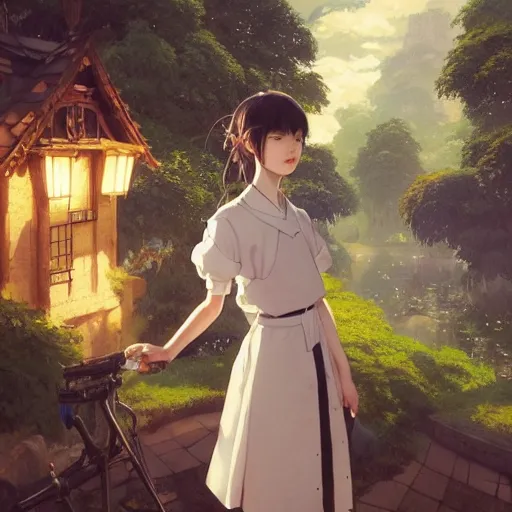 Image similar to a young woman in maid uniform by Stanley Artgerm Lau, WLOP, Rossdraws, Guweiz, Marc Simonetti, Studio Ghibli, krenz cushart, pixiv, background by James Jean and gustav klimt and John Marshall Gamble, 4k, volumetric lighting, french nouveau, trending on artstation, octane render, hyperrealistic