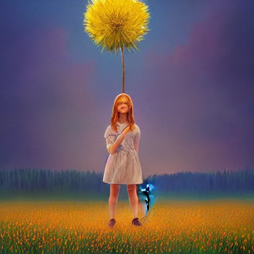 Image similar to girl with dandelion as a face, surreal photography, dream, standing in flower field, hills, big trees, sunrise dramatic light, impressionist painting, colorful clouds, digital painting, pointillism, artstation, simon stalenhag