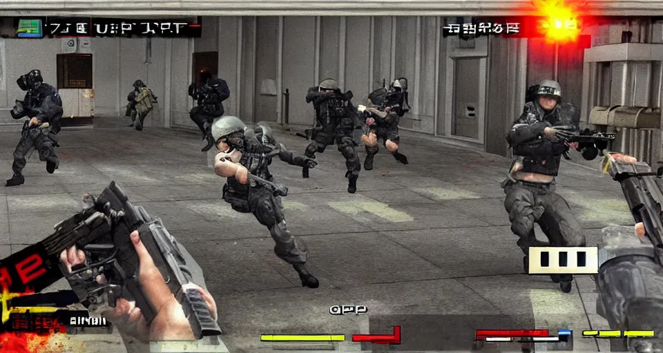 Prompt: 1993 Video Game Screenshot for Anime Neo-tokyo Cyborg bank robbers vs police, Set inside of the Bank, Open Bank Vault, Multiplayer set-piece Ambush, Tactical Squads :10, Police officers under heavy fire, Gunshots, Bullet Holes and Anime Blood Splatter, :10 Gas Grenades, Riot Shields, MP5, AK45, MP7, P90, Chaos, Akira Anime Cyberpunk, Anime Machine Gun Fire, Sakuga MAD Gunplay, Shootout, :14 Vibrant 80s Anime Style Created by Katsuhiro Otomo: 20