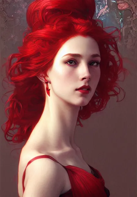 Prompt: portrait of red queen, intricate, elegant, highly detailed, digital painting, artstation, concept art, smooth, sharp focus, illustration, art by artgerm and greg rutkowski and alphonse mucha and william - adolphe bouguereau