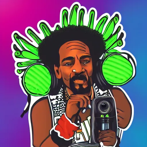 Image similar to svg sticker of a Dancing-Ben-Harper-Snoop-Spike-Lee-with-a-large-Afro-Puff, at a rave, spinning records, giant headphones rocking out, wearing headphones, huge speakers, dancing, rave, DJ, spinning records, digital art, amazing composition, rule-of-thirds, award-winning, trending on artstation, featured on deviantart