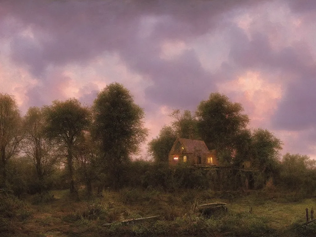 Prompt: a witchhouse in a woodland, evening mood, pink clouds in the evening sky, by clive madgwick