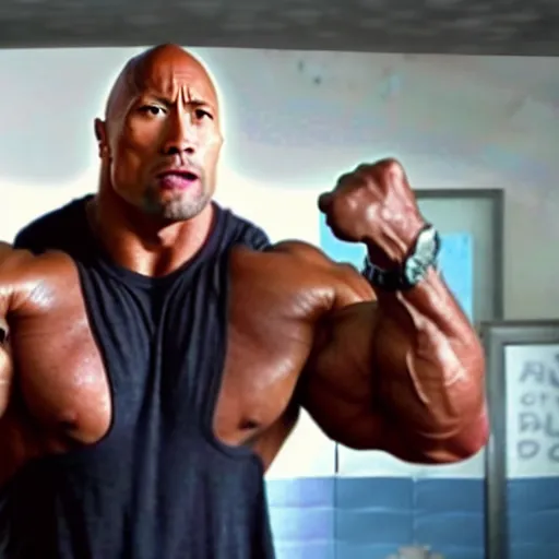 Prompt: photo of dwayne johnson flexing and yelling let's go!, brass bell visible in the background on his right, low perspective, isometric perspective, movie scene