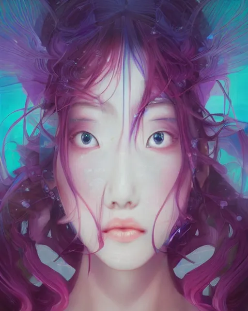 Image similar to Full shot of a beauty portrait anime schoolgirls under dark pink and blue water, intricate abstract. infrared, symmetrical facial features.concept art by D. Jun, by Mo Xiang Tong Xiu, by Igarashi Daisuke and WLOP and Ross Tran and William-Adolphe Bouguereau and Beeple. Key Art. Fantasy Illustration. award winning, Artstation, intricate details, realistic, Hyperdetailed, 8k resolution, 3d