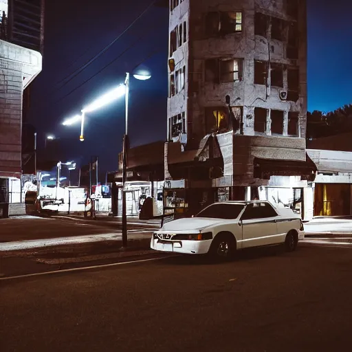 Image similar to deathclaw behind the wheel, subaru, street lighting, downtown environment, wide lens, 2 4 mm, street lamps