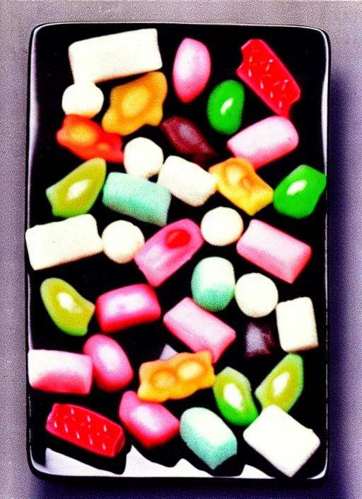 Image similar to realistic photo of japanese mochi candies sweets, black and white, on a square wooden plate 1 9 9 0, life magazine photo