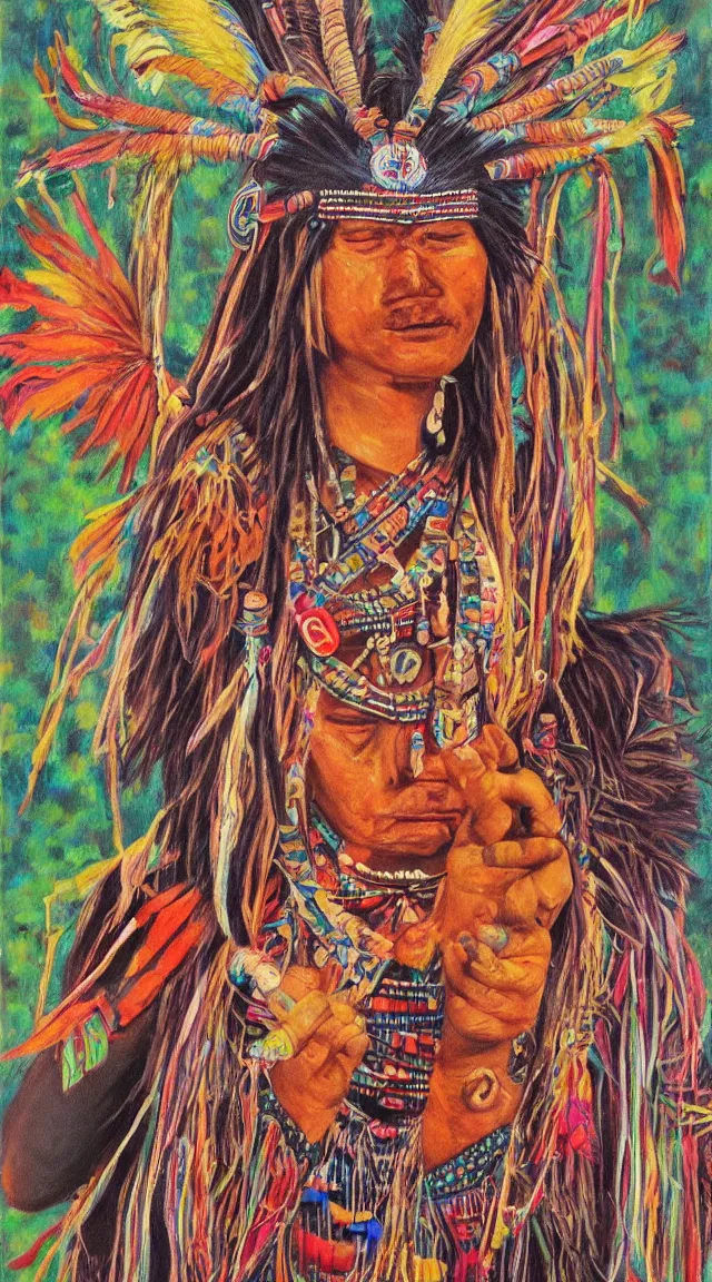 Prompt: a beautiful realistic painting of an indigenous shipibo shaman sitting and singing, full body, mysterious atmosphere, vibrant colors, fantasy art style