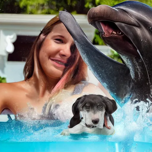 Prompt: a dolphin and a dog and a mermaid in a jacuzzi, 4 k