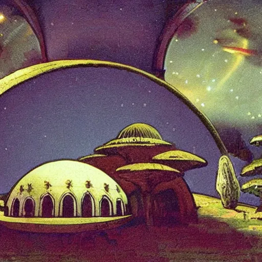 Image similar to ottoman sultanate domed spaceship, lush pastoral woodland scene, pulp science fiction illustration