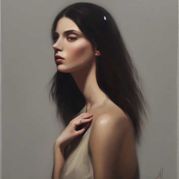 Prompt: alla prima portrait oil painting of young woman with lush dark hair and no makeup, dark beige grey background, lights and shadows, sensual, beautiful composition, hyperrealistic