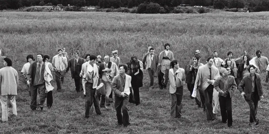 Image similar to the main cast of seinfeld in the distance in a wide open field, photograph by andrei tarkovsky