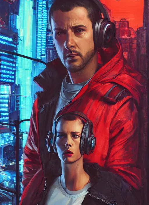 Image similar to cyberpunk character wearing jumpsuit and red jacket and cyberpunk headset. ( blade runner 2 0 4 9, dystopian, cyberpunk 2 0 7 7 character design ). attractive face. portrait by james gurney and laurie greasley, oil on canvas. cinematic, hyper realism, realistic proportions, full view, dramatic lighting, high detail 4 k