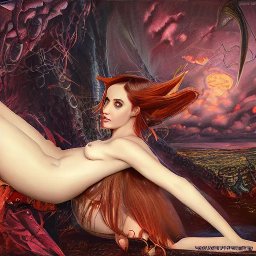 Prompt: succubus, correct female anatomy, extremely detailed oil painting, highly detailed, abstract, 1 9 2 0's colored pencil art style, deep aesthetic, 8 k, highly ornate intricate details, cinematic lighting, rich colors, digital artwork, beautiful scenic view, ray tracing, hyperrealistic, photorealistic, cinematic landscape, trending on artstation, concept art,