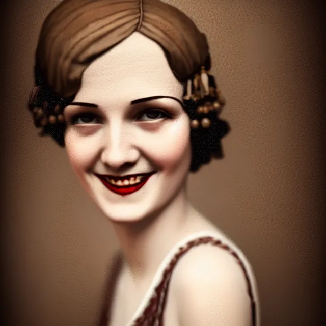 Prompt: a portrait photo of a 1 9 2 0 s young woman with a cute smile in a flapper dress, atmospheric lighting, painted, sepia, intricate, ultra detailed by leesha hannigan, thierry doizon, kai carpenter, well composed, best on artstation, cgsociety, epic, stunning, gorgeous, intricate detail, wow, masterpiece