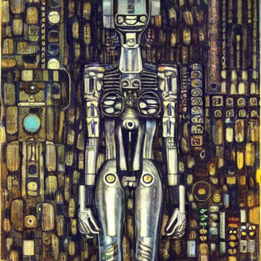 Image similar to combat mecha by h. r. giger, gustav klimt