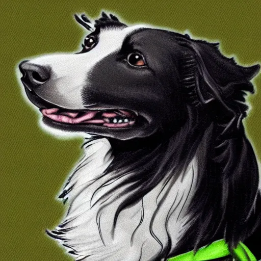 Prompt: digitally drawn art of a black and white border collie wearing a green bandana on its neck, digital art, DeviantArt