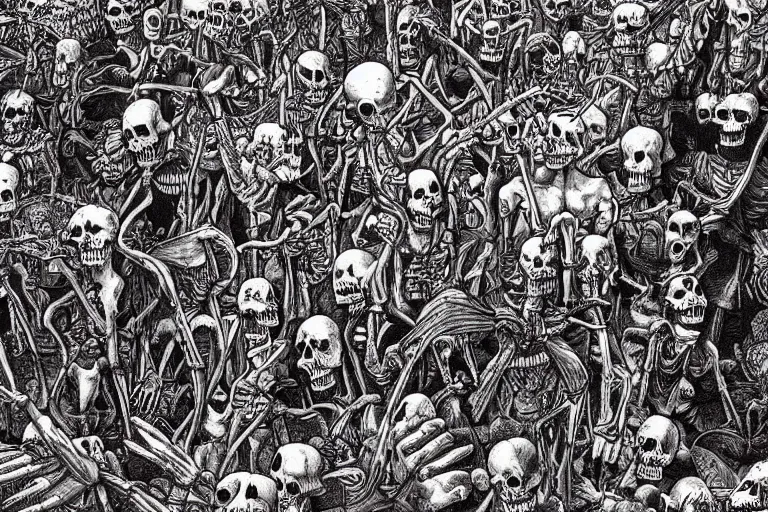 Image similar to scene from zoo, day of all the dead, skeletons, artwork by jean giraud