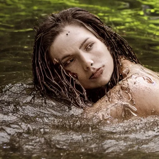 Image similar to a dramatic photo of a woman drowning in roots