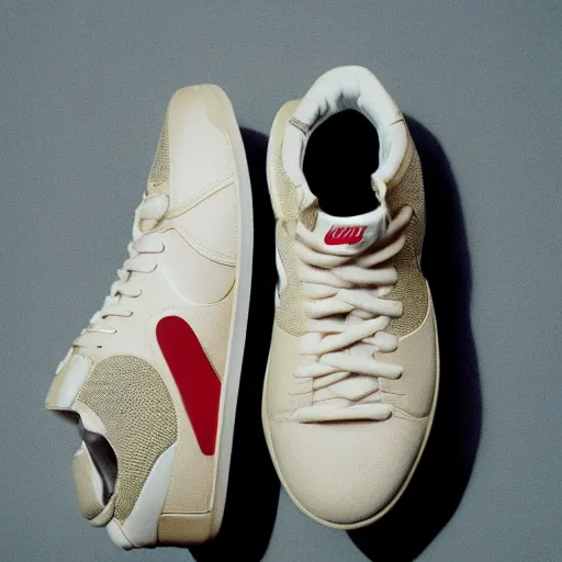 Image similar to a studio photoshoot of Nike sneakers designed by Tom Sachs, cream leather with knitted mesh material, gum rubber outsole, realistic, color film photography by Tlyer Mitchell, 35 mm, graflex