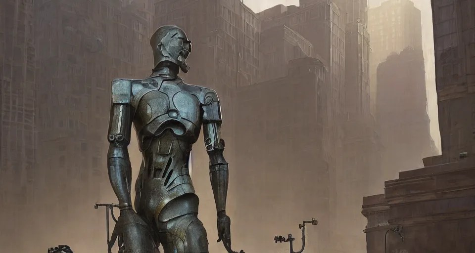 Prompt: cyborg bronze statue stands in the city center. art deco architecture. photorealism, soft light, morning. by greg rutkowski, frank lloyd wright, shaun tan. hyperrealism, dusty, moody, high detail, artstation, digital painting, unreal engine, tonal color scheme.