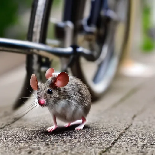 Prompt: mouse on bicycle, macro shot,