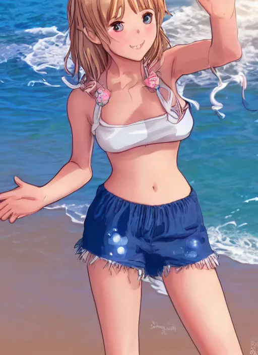 Image similar to girl at a beach holding up a peace sign, happy, beautiful, finely detailed, made by artgerm, full body portrait, illustration, sparkling water, shinny sand, sunny, anime, front view, perfect anime face, realistic face, zoomed out, smooth, blue eyes, high waisted shorts, sharp focus