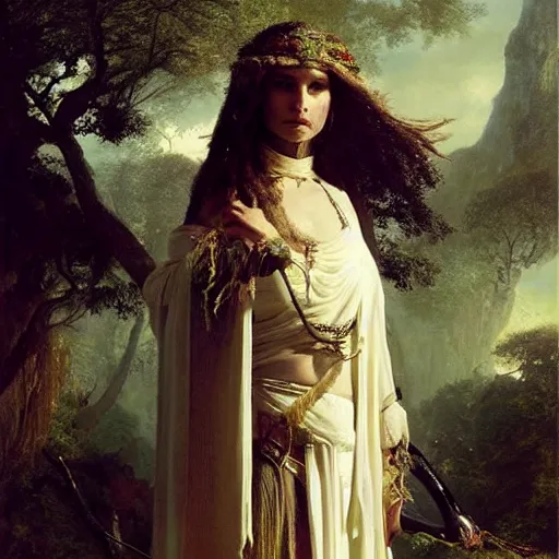 Image similar to portrait of natalie portman as a Druid, painting by ludwig deutsch and rudolf ernst, lost civilizations, long dark hair, beautiful, mystical, dramatic cinematic lighting, sharp focus, smooth, sharp focus, extremely detailed,