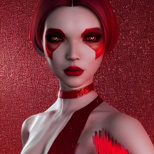 Image similar to kitsune woman fancy haircut, full body, intrincate,unreal engine octane, red and white, glitter, depth of field, 8k, hyper detailed, trending on artstation