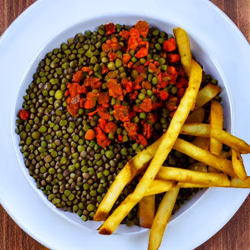 Prompt: plate of green lentils with chorizo and fries,