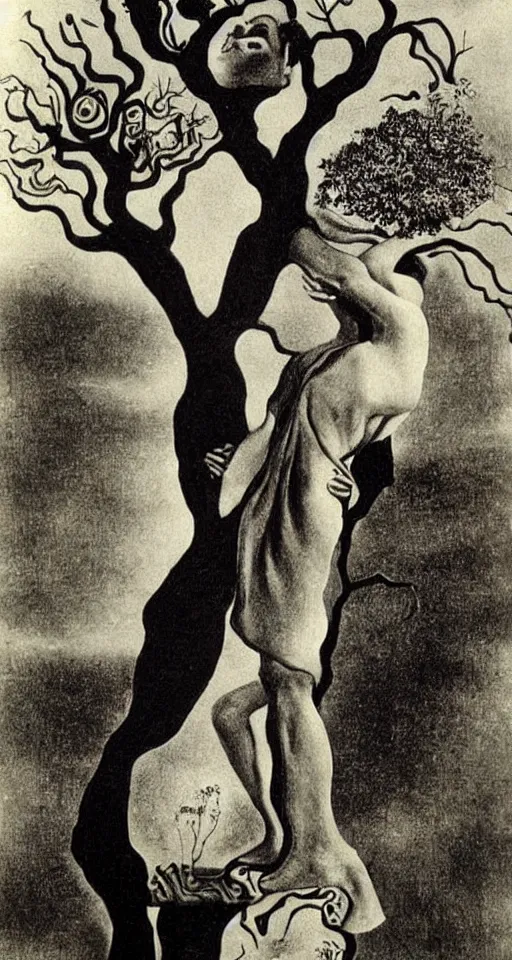 Image similar to Marie Curie hugging a tree by Salvador Dalí