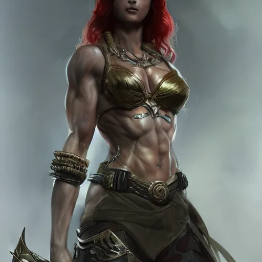 Image similar to proud muscular female turkish warrior, portrait by Cedric Peyravernay, highly detailed, excellent composition, cinematic concept art, dramatic lighting, trending on ArtStation