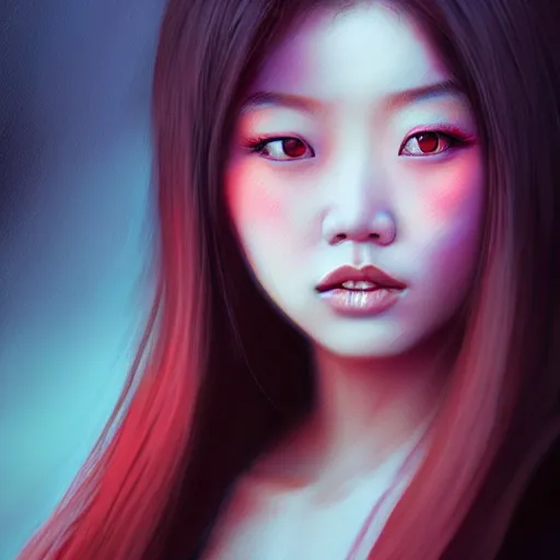 Image similar to a Photorealistic dramatic hyperrealistic bright eyes, Asian girl, beautiful hair, by Sam yang, samdoesart, Beautiful dynamic dramatic bright sunset lighting,shadows,cinematic atmosphere,Artstation,concept design art, digital painting, 8k