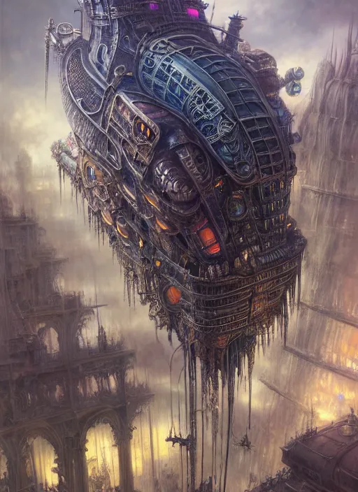 Prompt: hyper detailed ultra sharp of a gothpunk steampunk overcrowded city airship. trending on artstation, warpaint aesthetic, earthwave, colorful, psychedelic, ornate, intricate, digital painting, concept art, smooth, sharp focus, illustration, art by artgerm and greg rutkowski and h. r. giger, 8 k