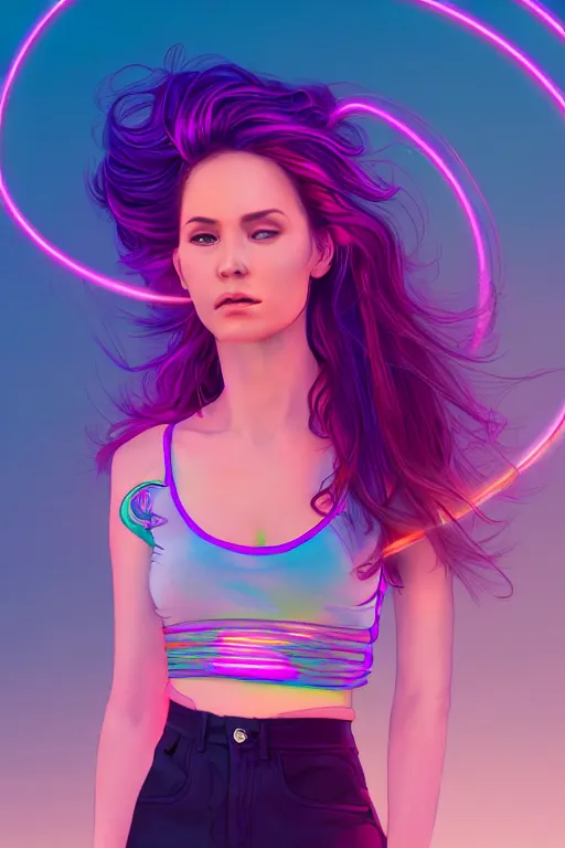 Prompt: a award winning half body portrait of a beautiful woman in a croptop and cargo pants with ombre purple pink teal hairstyle and hands in pockets by thomas danthony, surrounded by whirling illuminated lines, outrun, vaporware, shaded flat illustration, digital art, trending on artstation, highly detailed, fine detail, intricate