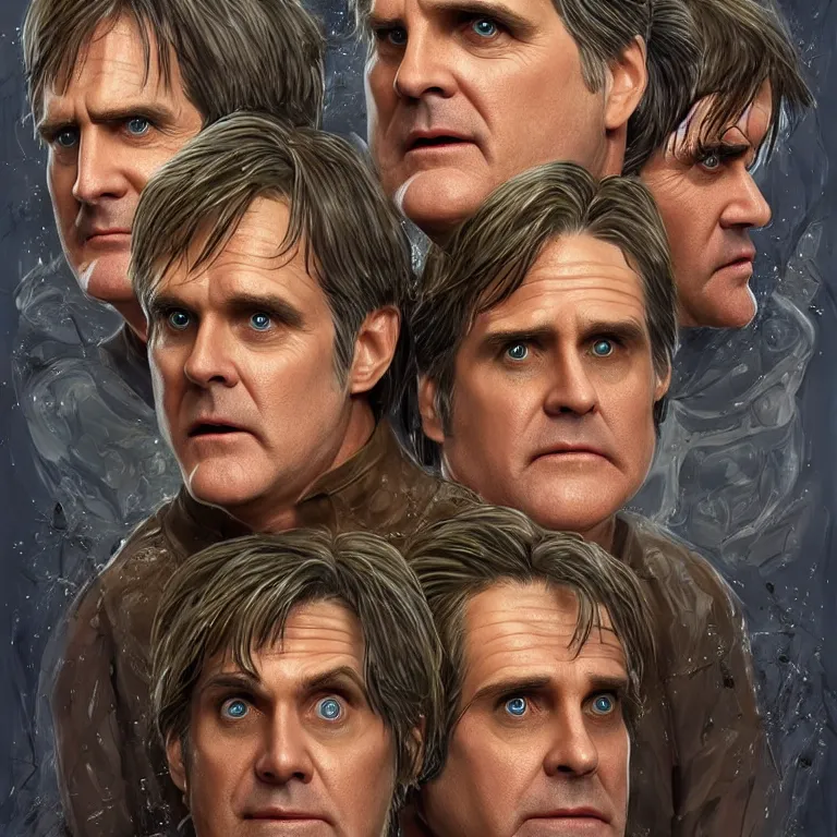 Image similar to hydra of lerna with two heads, one head is jim carey as lloyd christmas, the other head is jeff daniels as harry dunne ( from dumb and dumber ), serpentine water monster, d & d, fantasy, portrait, highly detailed, digital painting, trending on artstation, concept art, sharp focus, illustration, art by artgerm and craig mullins