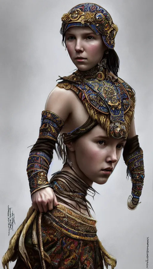 Image similar to girl millie bobby brown, mongolian shaman clothing, ritual, fame of thrones, fibonacci, sweat drops, intricate fashion clothing, insane, intricate, highly detailed, surrealistic, digital painting, artstation, concept art, smooth, sharp focus, illustration, unreal engine 5, 8 k, art by artgerm and greg rutkowski and alphonse mucha