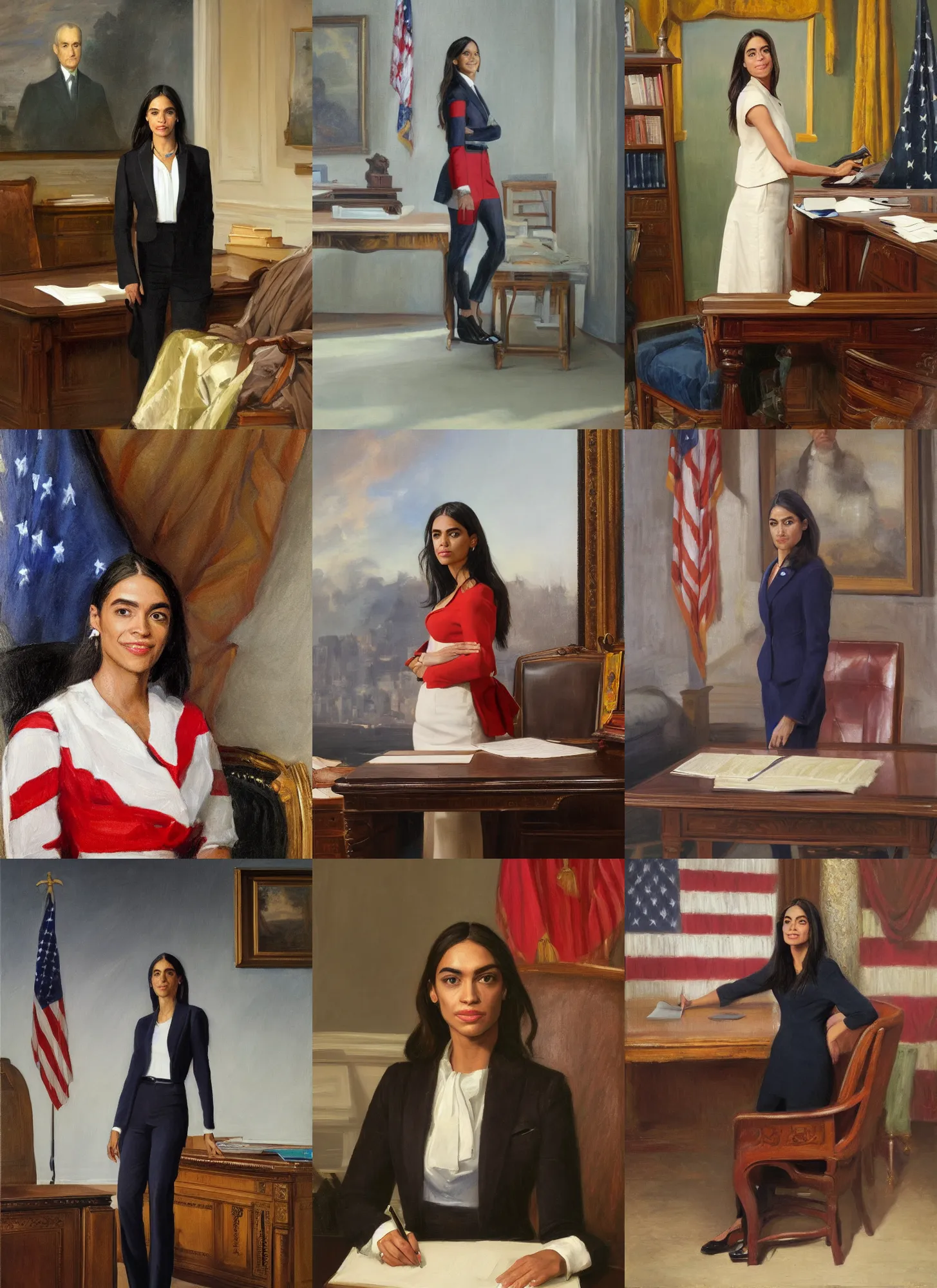 Prompt: portrait of the united states president, alexandria ocasio - cortez, standing at the resolute desk, 2 0 2 4, painting, oil on canvas by william sidney mount, trending on artstation, national archives