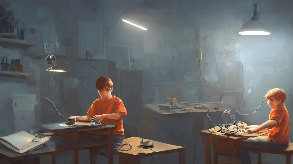 Prompt: a boy with brown hair seated with his back to us and is soldering on a desk with electronic parts with an orange tabby cat on the desk watching him, coherent, cinematic lighting, highly detailed, digital painting, artstation, concept art, sharp focus, illustration