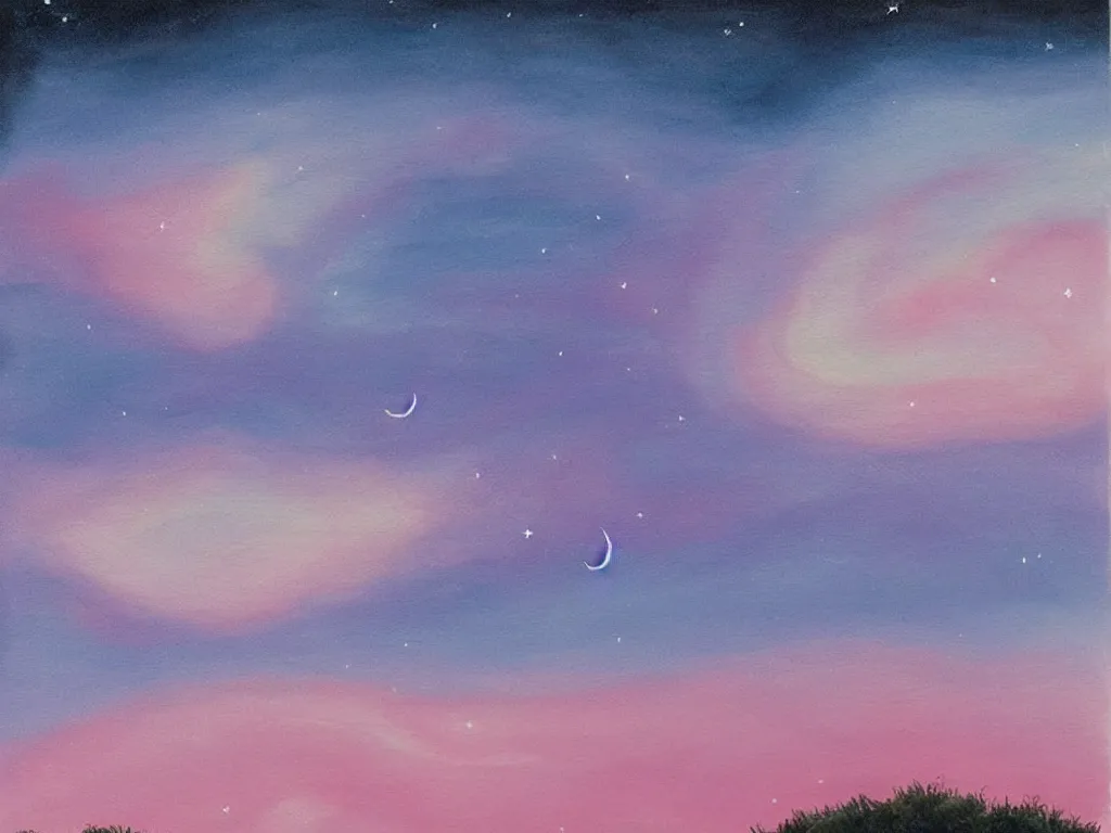 Image similar to painting of night sky with crescent moon and stars above a layer of pink puffy clouds.