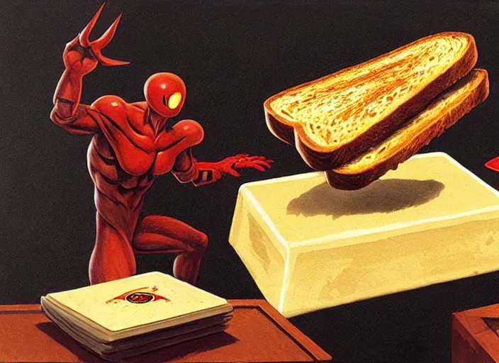 Prompt: anthropomorphic piece of toast in front of a podium, style of magic : the gathering by marco bucci and frank frazetta