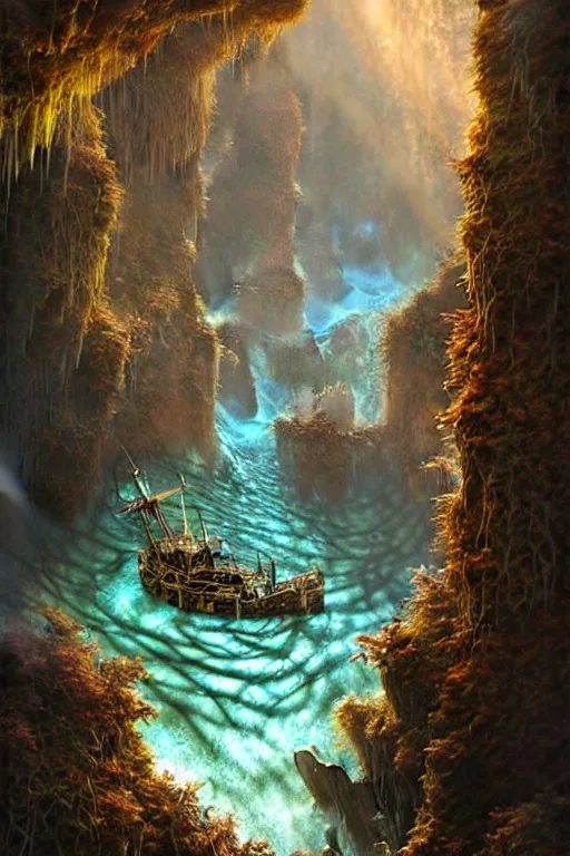 Image similar to a pirateship wreck in a crystal gorge, river running thru the middle, by tomasz alen kopera and Justin Gerard.