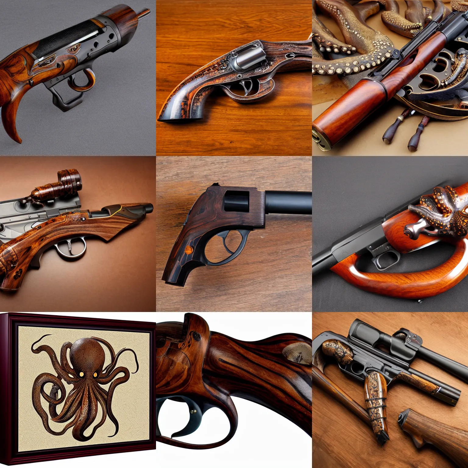 Prompt: photo side view of a high end gun design vintage hunting wood exotic octopus design