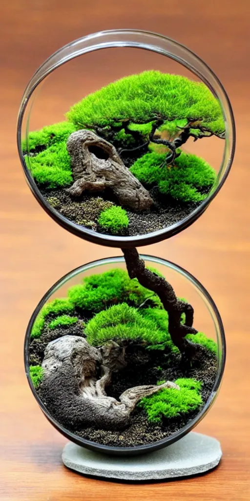 Prompt: a terrarium with bonsai miniature japanese's town minimalist table, lit from the side