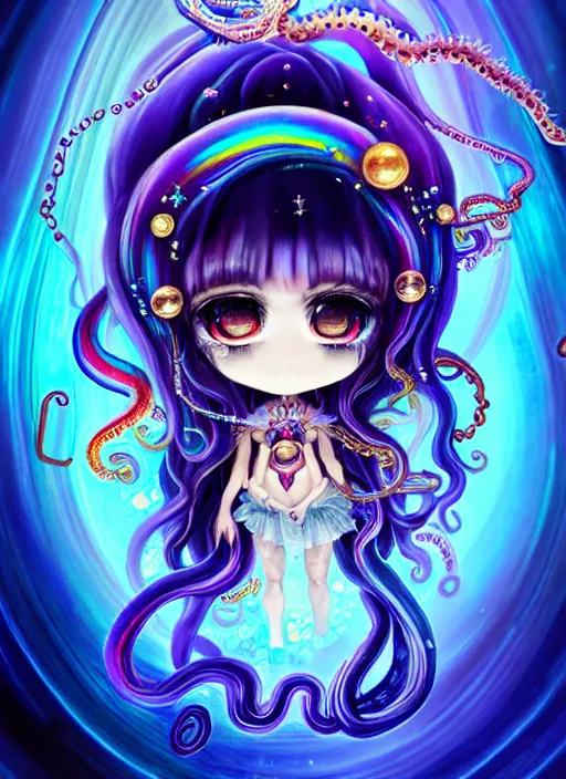 Image similar to A full shot of a chibi girl from the Abyss covered in opals and oil. Symmetrical. Underwater. Dark foreboding Atmosphere. Sailor Moon. Tentacles. Kawaii. Rainbows. Demon Horns, Angel Wings, By Lisa Frank and HR Giger and Ross Tran and ArtGerm and WLOP. Key Art. Fantasy Illustration. award winning, Artstation, intricate details, realistic, Hyperdetailed, 8k resolution. Photoreal. Octane Render.