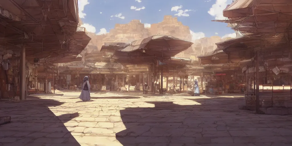 Image similar to an empty arabian marketplace with no people in biblical times by makoto shinkai